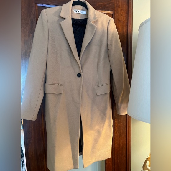 ZARA WOMENS MENSWEAR STYLE MANTECO WOOL LIGHT TAN CAMEL ONE BUTTON COAT M EUC - Picture 5 of 12